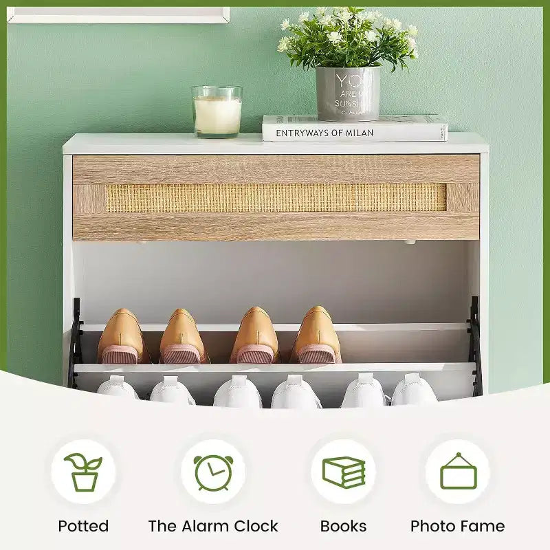 Meuble de rangement en rotin naturel Acekool avec 2 tiroirs basculants, étagères réglables et pieds en métal, organiseur de chaussures mince pour entrée