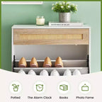 Meuble de rangement en rotin naturel Acekool avec 2 tiroirs basculants, étagères réglables et pieds en métal, organiseur de chaussures mince pour entrée