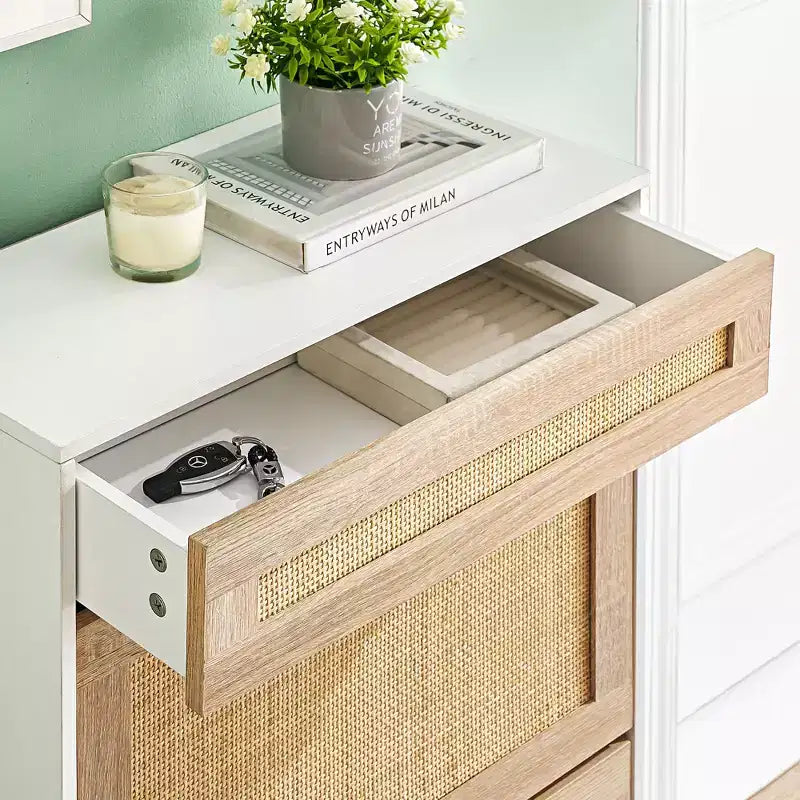 Meuble de rangement en rotin naturel Acekool avec 2 tiroirs basculants, étagères réglables et pieds en métal, organiseur de chaussures mince pour entrée