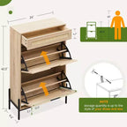 Meuble de rangement en rotin naturel Acekool avec 2 tiroirs basculants, étagères réglables et pieds en métal, organiseur de chaussures mince pour entrée