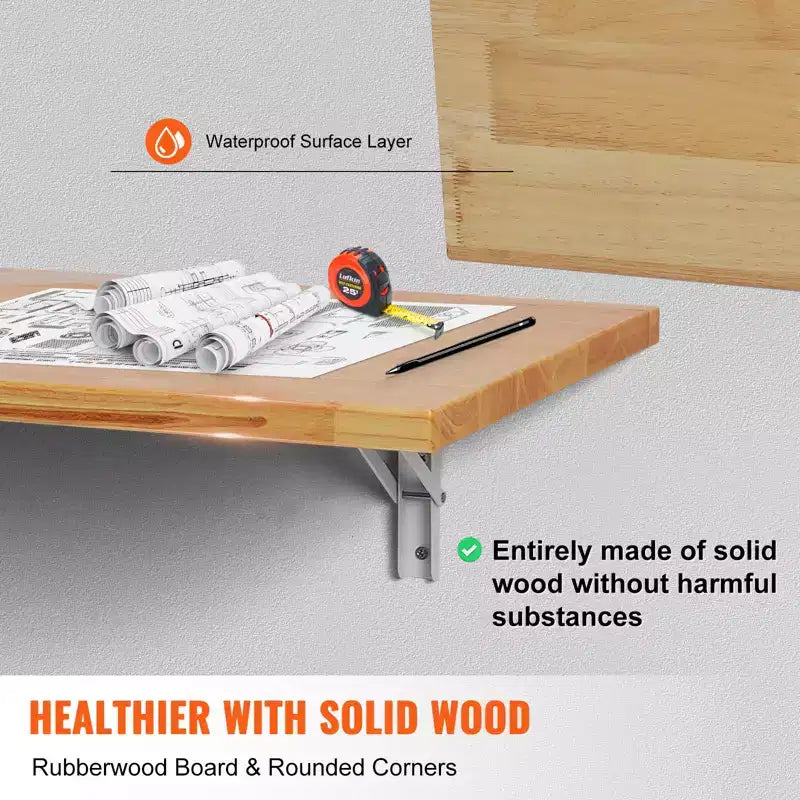 VEVOR Wall Mounted Folding Table, 47.24 x 19.69 Wall Mount Drop Leaf Table, Wooden Floating Desk with Iron Bracket, Fold Down Desk