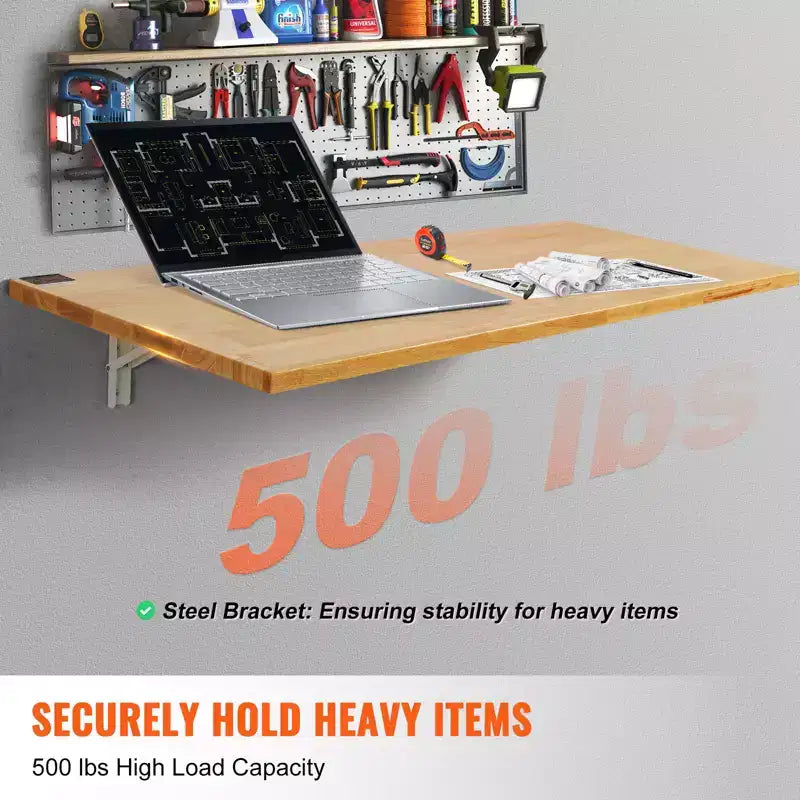 VEVOR Wall Mounted Folding Table, 47.24 x 19.69 Wall Mount Drop Leaf Table, Wooden Floating Desk with Iron Bracket, Fold Down Desk