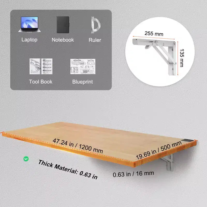 VEVOR Wall Mounted Folding Table, 47.24 x 19.69 Wall Mount Drop Leaf Table, Wooden Floating Desk with Iron Bracket, Fold Down Desk