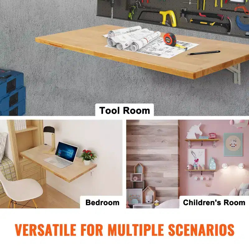 VEVOR Wall Mounted Folding Table, 47.24 x 19.69 Wall Mount Drop Leaf Table, Wooden Floating Desk with Iron Bracket, Fold Down Desk