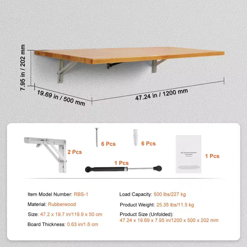 VEVOR Wall Mounted Folding Table, 47.24 x 19.69 Wall Mount Drop Leaf Table, Wooden Floating Desk with Iron Bracket, Fold Down Desk