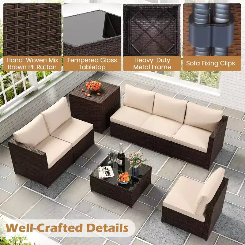 Costway 8 PCS Patio Furniture Set with Storage Box & Tempered Glass Coffee Table Beige