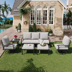 EROMMY 6 PCS Outdoor Metal Conversation Set With 360 Swivel Rocking Chairs, Sofa, &Ottoman For Patio, Garden, Deck Or Poolside