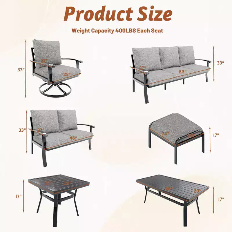 EROMMY 6 PCS Outdoor Metal Conversation Set With 360 Swivel Rocking Chairs, Sofa, &Ottoman For Patio, Garden, Deck Or Poolside