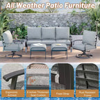 EROMMY 6 PCS Outdoor Metal Conversation Set With 360 Swivel Rocking Chairs, Sofa, &Ottoman For Patio, Garden, Deck Or Poolside