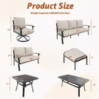 EROMMY 6 PCS Outdoor Metal Conversation Set With 360 Swivel Rocking Chairs, Sofa, &Ottoman For Patio, Garden, Deck Or Poolside