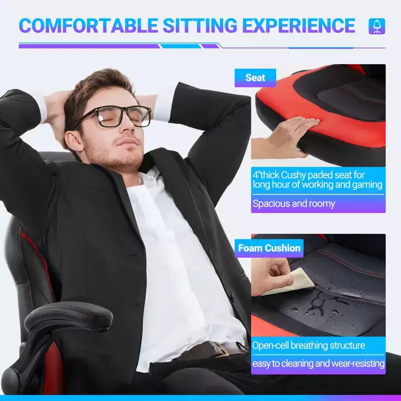 Bestier Gaming Chair, PU Leather Computer Swivel Chair with Lumbar Support, Adjustable Backrest and Flip-up Armrest for Home Office Desk Chair