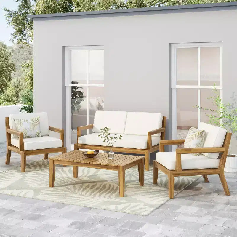 Christopher Knight Home Rossville Outdoor Acacia Wood 4 Seater Chat Set with Cushions, Teak/Beige