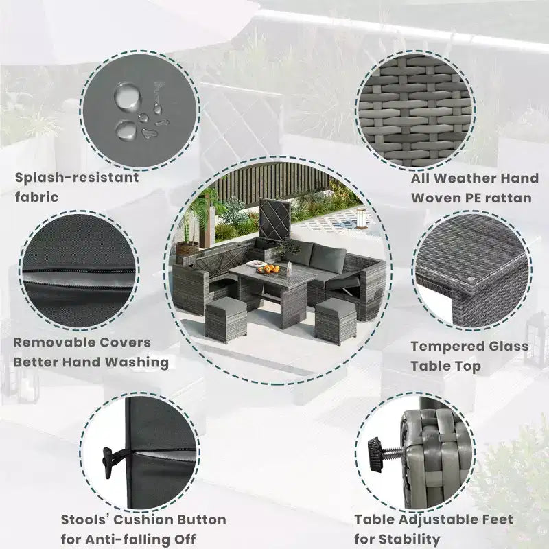 Whisen 6-Piece Outdoor PE Rattan Sofa Set with Storage Box & Removable Covers