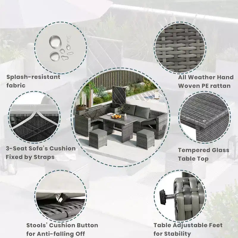 Whisen 6-Piece Outdoor PE Rattan Sofa Set with Storage Box & Removable Covers