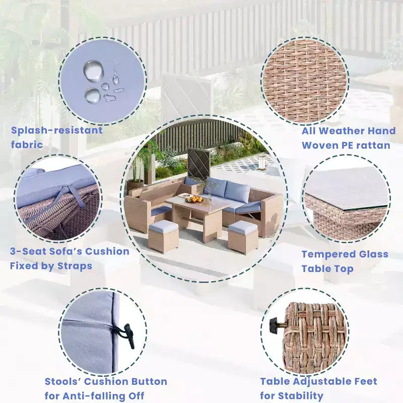 Whisen 6-Piece Outdoor PE Rattan Sofa Set with Storage Box & Removable Covers