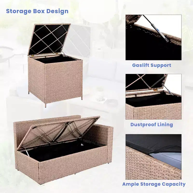 Whisen 6-Piece Outdoor PE Rattan Sofa Set with Storage Box & Removable Covers
