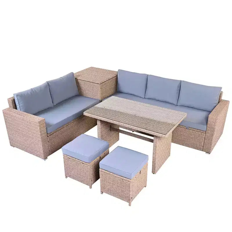 Whisen 6-Piece Outdoor PE Rattan Sofa Set with Storage Box & Removable Covers