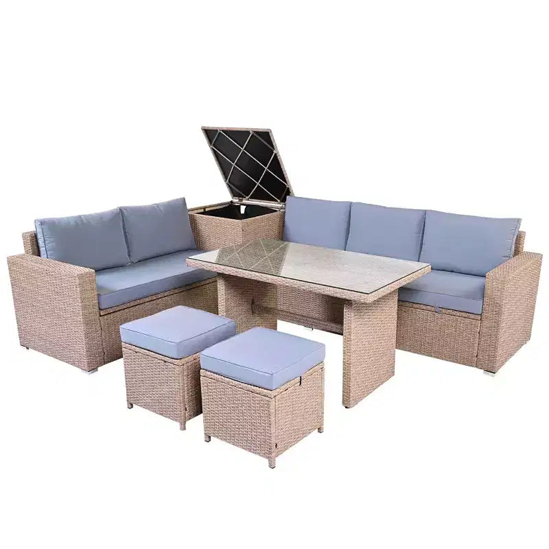 Whisen 6-Piece Outdoor PE Rattan Sofa Set with Storage Box & Removable Covers