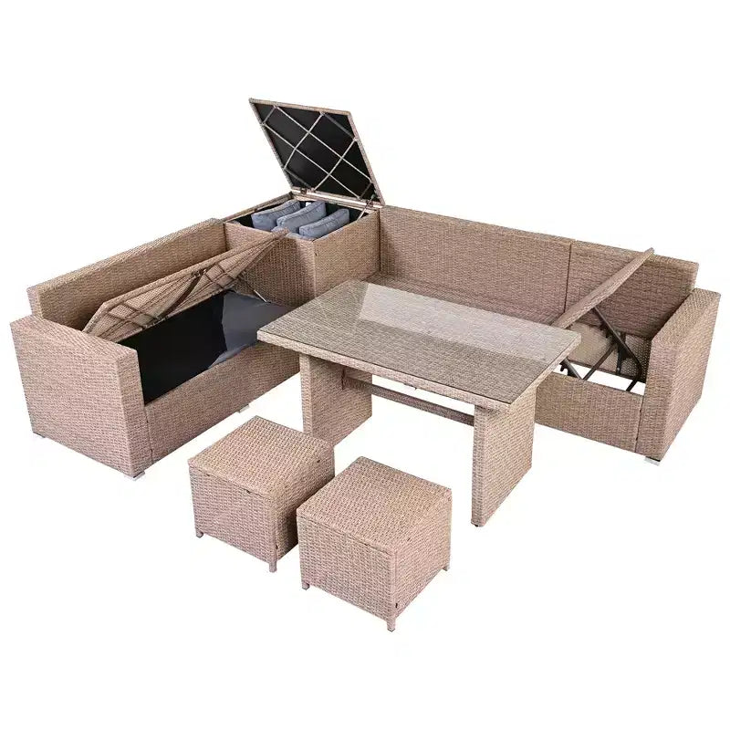 Whisen 6-Piece Outdoor PE Rattan Sofa Set with Storage Box & Removable Covers