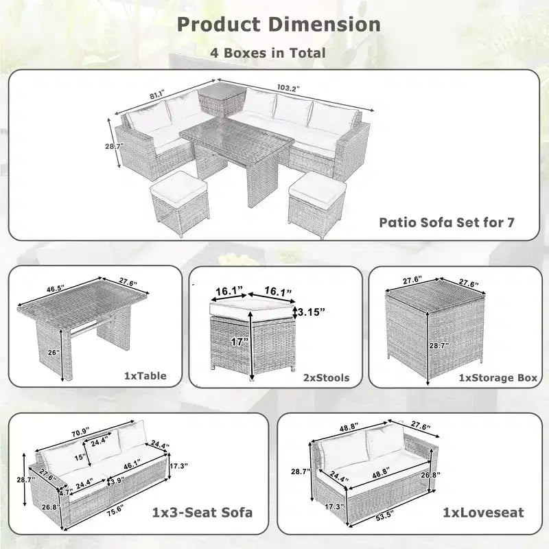 Whisen 6-Piece Outdoor PE Rattan Sofa Set with Storage Box & Removable Covers