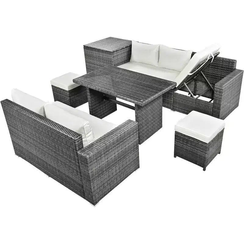 Whisen 6-Piece Outdoor PE Rattan Sofa Set with Storage Box & Removable Covers