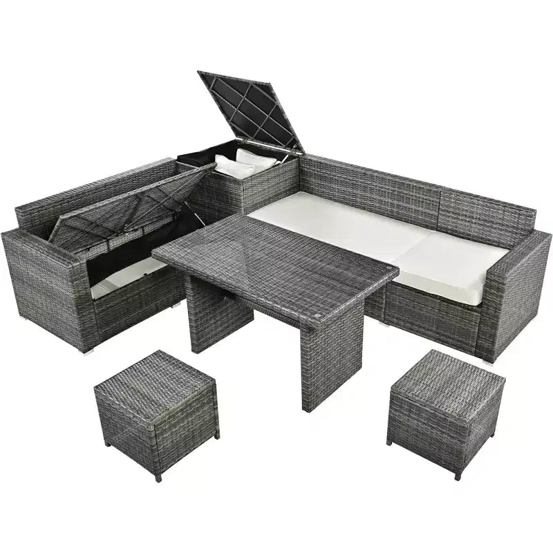 Whisen 6-Piece Outdoor PE Rattan Sofa Set with Storage Box & Removable Covers