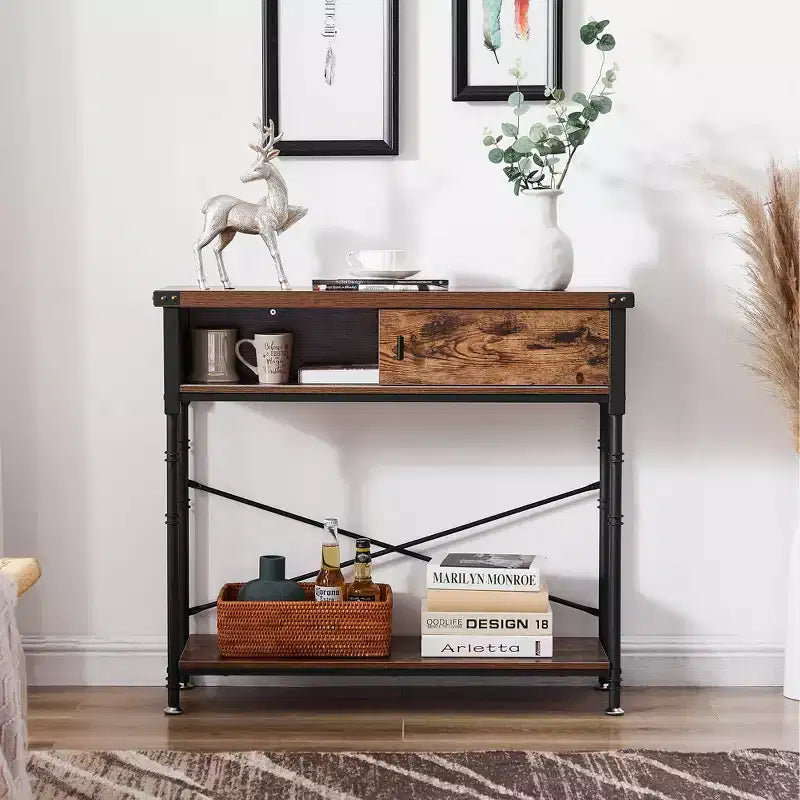 VECELO Vintage Console Side Table with Drawer, Hallway Foyer Table with Rectangle Shelves, 31.5 in. H Sofa Table, Brown