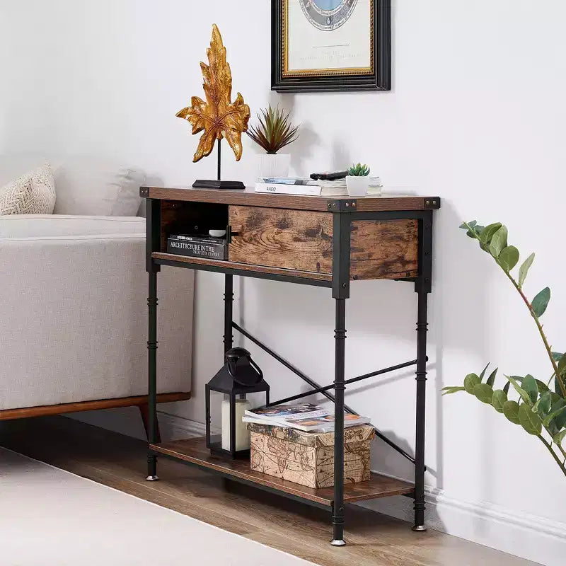 VECELO Vintage Console Side Table with Drawer, Hallway Foyer Table with Rectangle Shelves, 31.5 in. H Sofa Table, Brown