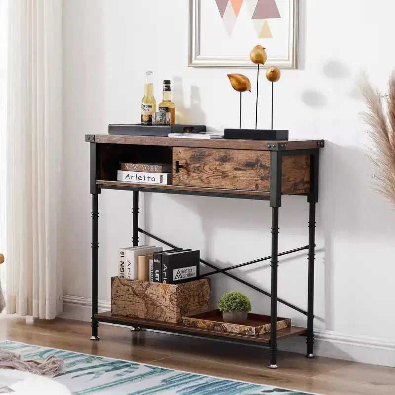VECELO Vintage Console Side Table with Drawer, Hallway Foyer Table with Rectangle Shelves, 31.5 in. H Sofa Table, Brown