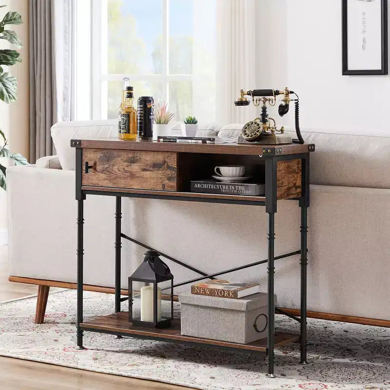 VECELO Vintage Console Side Table with Drawer, Hallway Foyer Table with Rectangle Shelves, 31.5 in. H Sofa Table, Brown