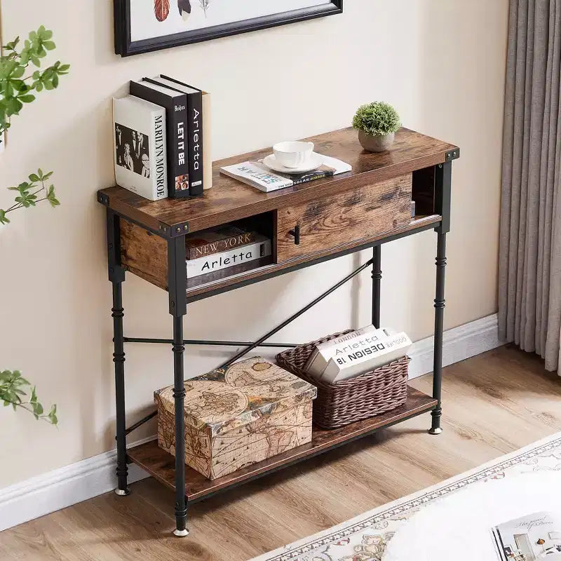 VECELO Vintage Console Side Table with Drawer, Hallway Foyer Table with Rectangle Shelves, 31.5 in. H Sofa Table, Brown