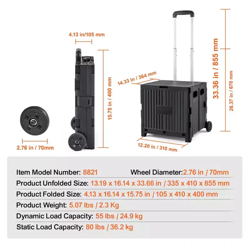 Chariot Utilitaire Pliable VEVOR, Capacité de Charge de 36 kg, Chariot de Transport Pliant Portable avec Poignée Télescopique Robuste et 2 Roues