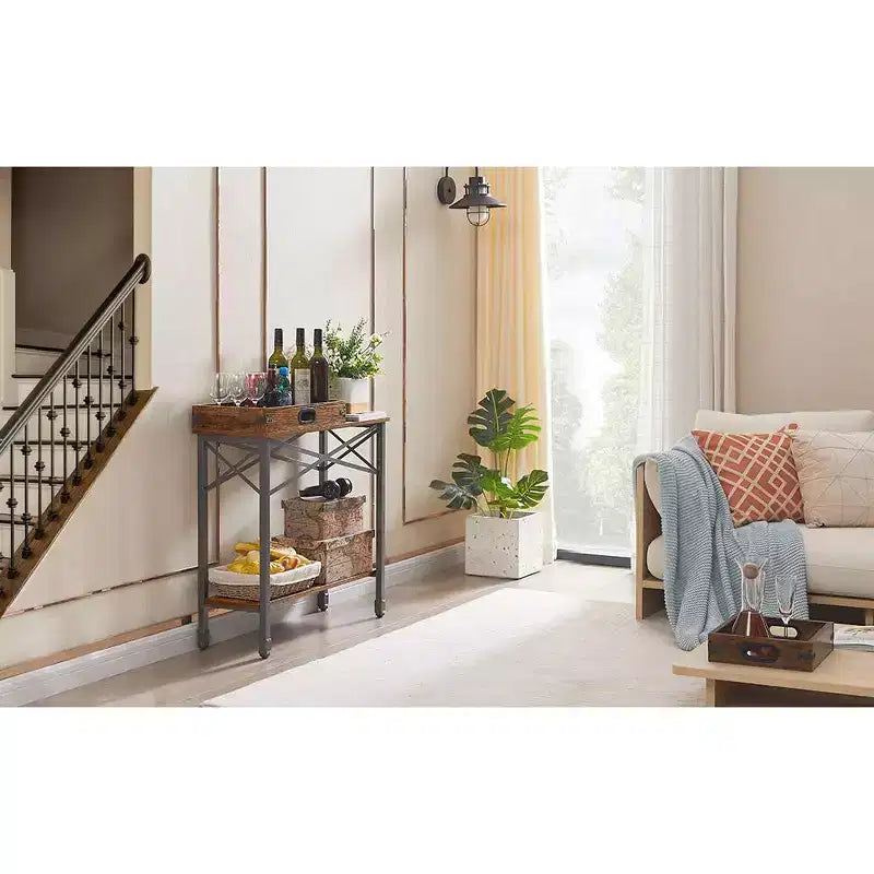 VECELO Table console vintage avec 2 plateaux amovibles, Table d'appoint étroite avec étagère rectangulaire ouverte, Marron