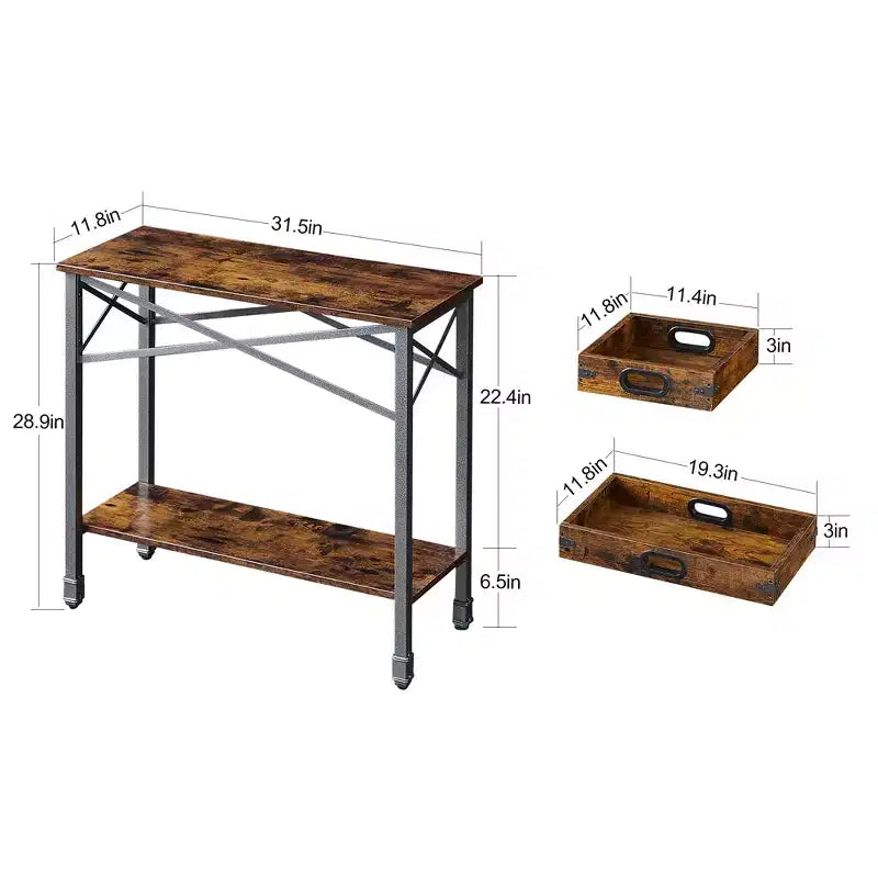 VECELO Table console vintage avec 2 plateaux amovibles, Table d'appoint étroite avec étagère rectangulaire ouverte, Marron