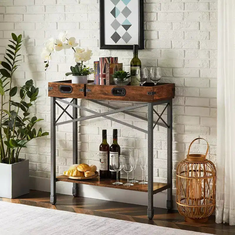 VECELO Table console vintage avec 2 plateaux amovibles, Table d'appoint étroite avec étagère rectangulaire ouverte, Marron