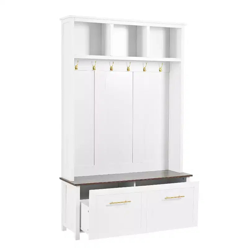 Porte-manteau polyvalent Whisen 4-en-1 avec 6 crochets dorés, banc imitation bois avec multiples espaces de rangement