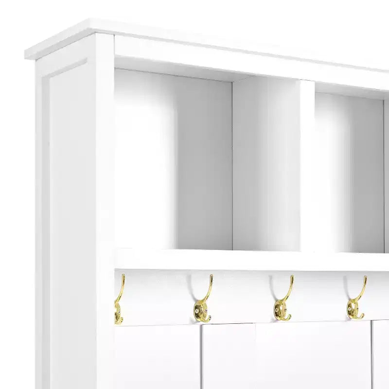 Porte-manteau polyvalent Whisen 4-en-1 avec 6 crochets dorés, banc imitation bois avec multiples espaces de rangement