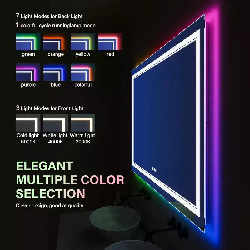 Acekool Bathroom Vanity Mirror with Color-Changing Backlight & Adjustable Front Light, Anti-Fog & Memory Function, Horizontal/Vertical Mount