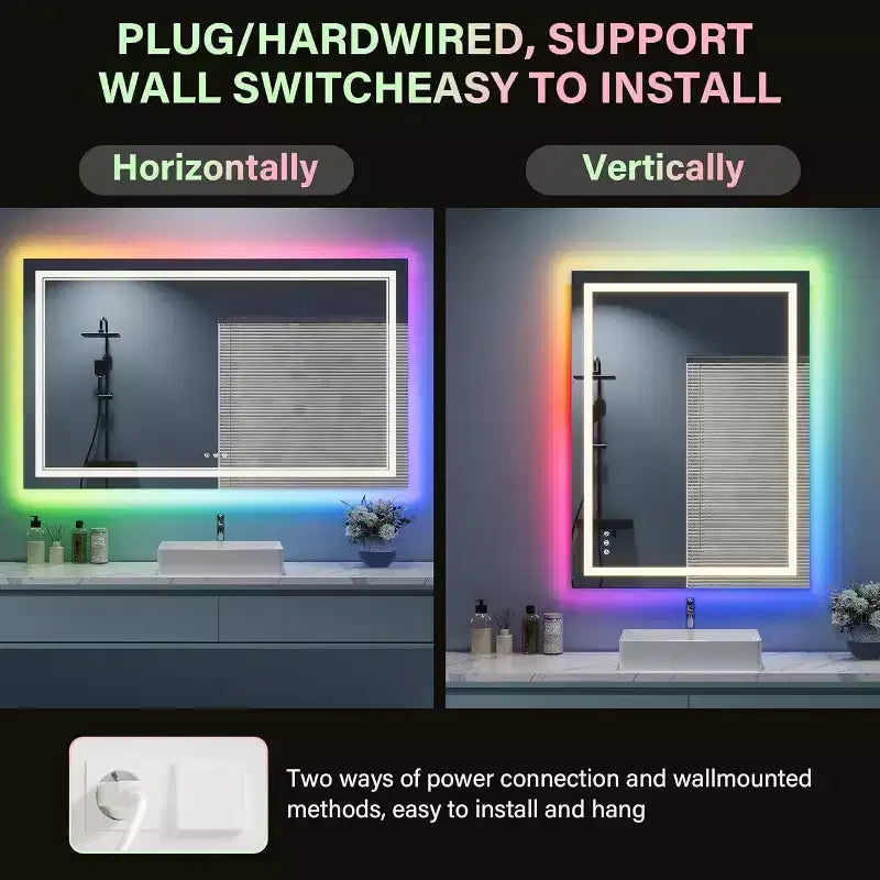 Acekool Bathroom Vanity Mirror with Color-Changing Backlight & Adjustable Front Light, Anti-Fog & Memory Function, Horizontal/Vertical Mount