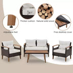 4-Piece Garden Furniture, Patio Seating Set, PE Rattan Outdoor Sofa Set, Wood Table and Legs, Brown and Beige