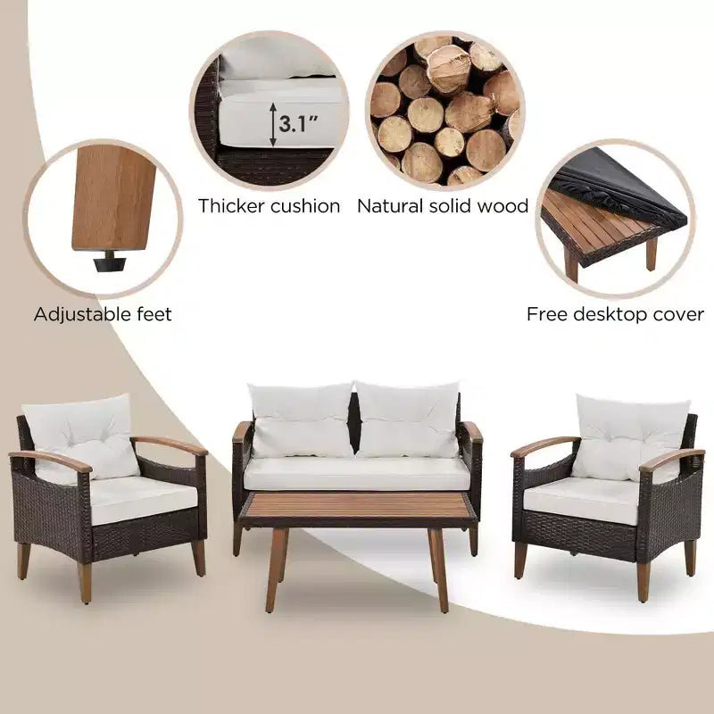 4-Piece Garden Furniture, Patio Seating Set, PE Rattan Outdoor Sofa Set, Wood Table and Legs, Brown and Beige