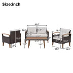 4-Piece Garden Furniture, Patio Seating Set, PE Rattan Outdoor Sofa Set, Wood Table and Legs, Brown and Beige