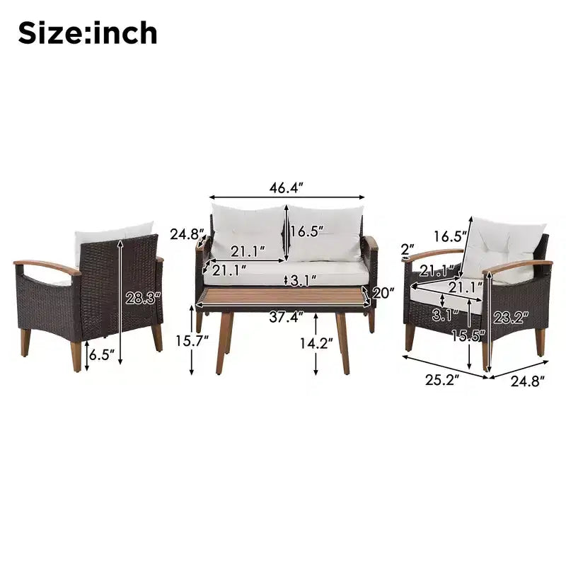 4-Piece Garden Furniture, Patio Seating Set, PE Rattan Outdoor Sofa Set, Wood Table and Legs, Brown and Beige