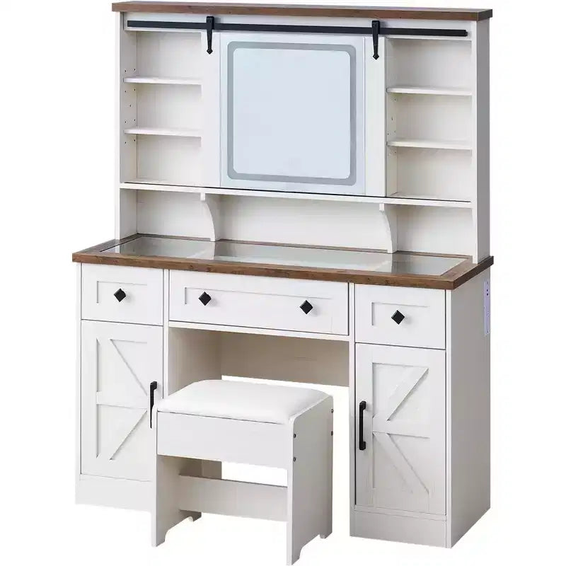 AMERLIFE 47.2 W Farmhouse Makeup Vanity Desk with Sliding Mirror, Antique White