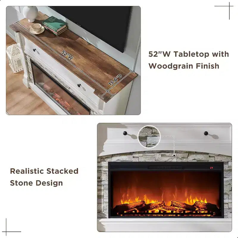 SinCiDo 52 Fireplace TV Stand, Entertainment Center w/ Fireplace, Hidden Flip Top Storage Cabinet, Remote Control, Adjustable 3D Realistic Flame