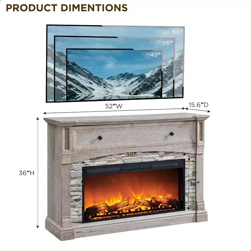 SinCiDo 52 Fireplace TV Stand, Entertainment Center w/ Fireplace, Hidden Flip Top Storage Cabinet, Remote Control, Adjustable 3D Realistic Flame