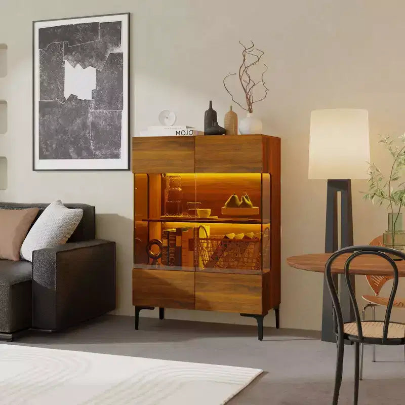 Famapy Bookshelf Contemporary Display Cabinet with Warm Light and Glass Front Multifunctional Bookcase Storage Cabinet