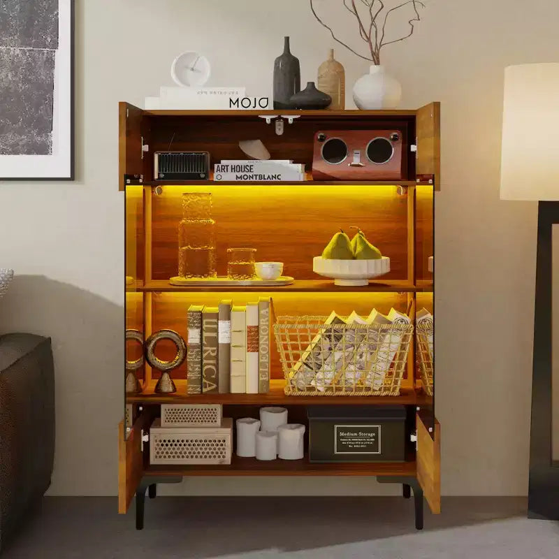 Famapy Bookshelf Contemporary Display Cabinet with Warm Light and Glass Front Multifunctional Bookcase Storage Cabinet