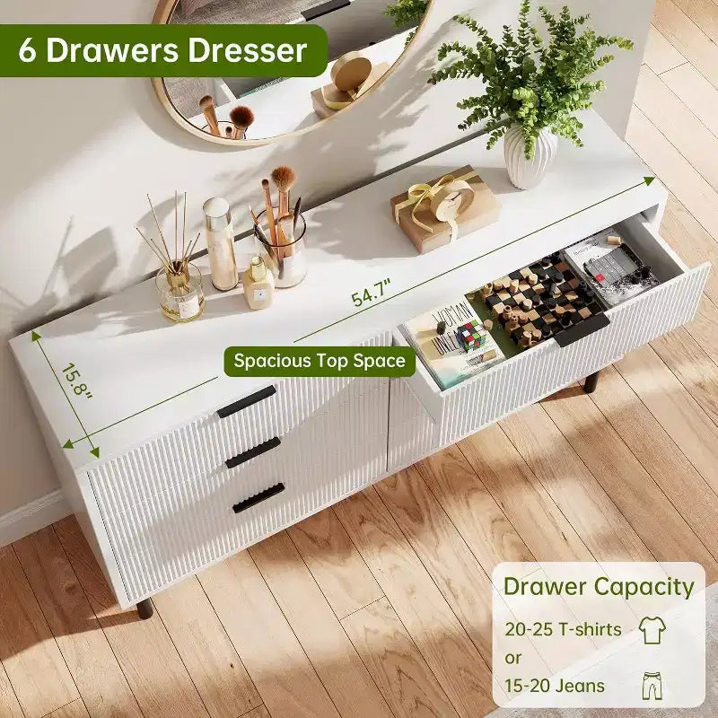 Commode cannelée à 6 tiroirs, commode de rangement moderne en bois à deux tiroirs avec pieds et poignées en métal, design anti-basculement, chambre, salon, couloir