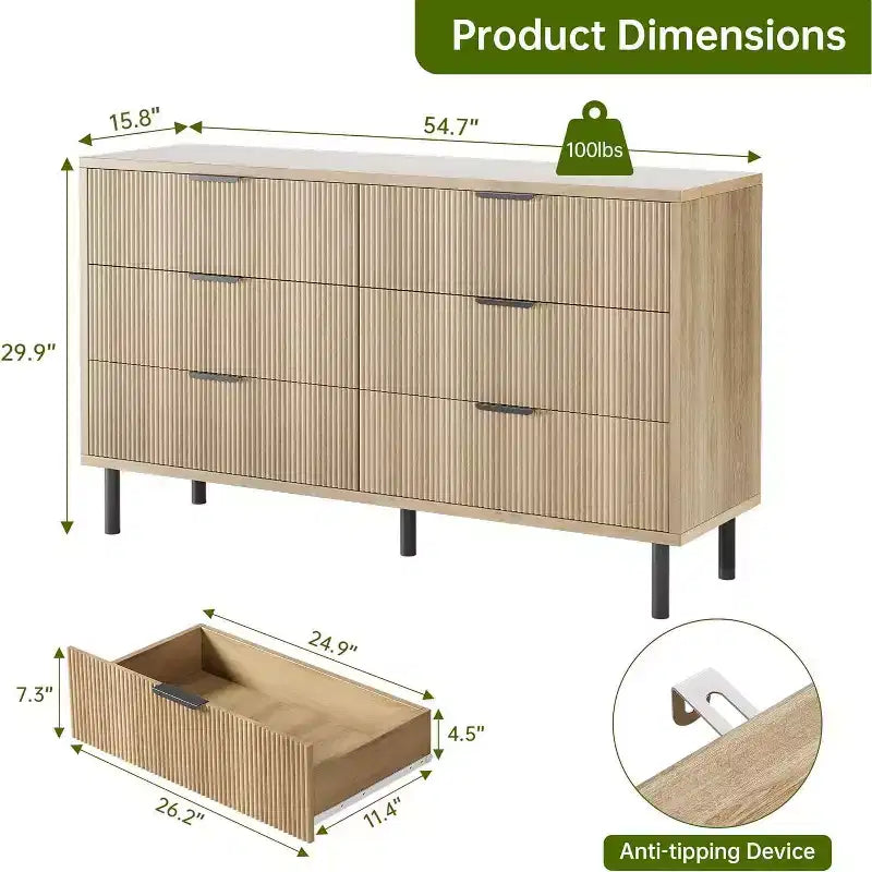Commode cannelée à 6 tiroirs, commode de rangement moderne en bois à deux tiroirs avec pieds et poignées en métal, design anti-basculement, chambre, salon, couloir